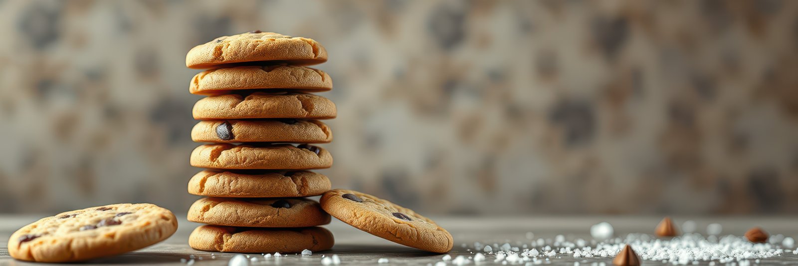 Deliciously stacked homemade chocolate chip cookies on a wooden countertop